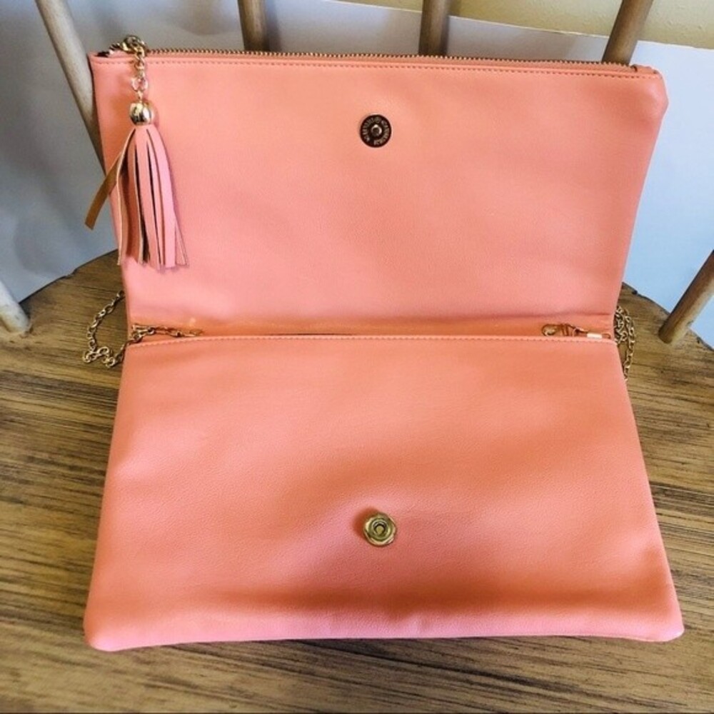 Salmon Fold Over Clutch/Crossbody Bag with Gold Laser Cutouts - Picture 2 of 9